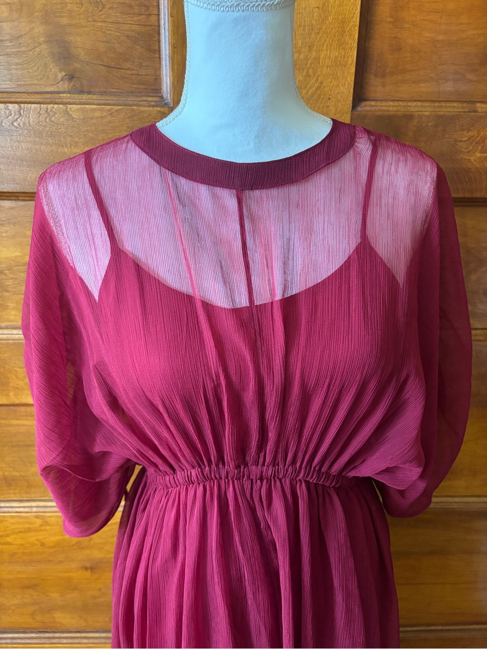 Sheer Overlay Waist-Defined Maxi Dress - Burgundy - Picture 2 of 8
